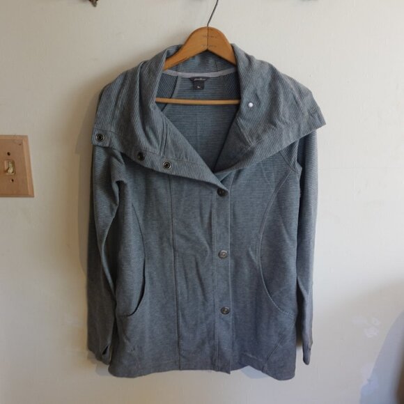 𝅺EDDIE Bauer Sweater Striped Gray Blue Pockets Small - Picture 2 of 12